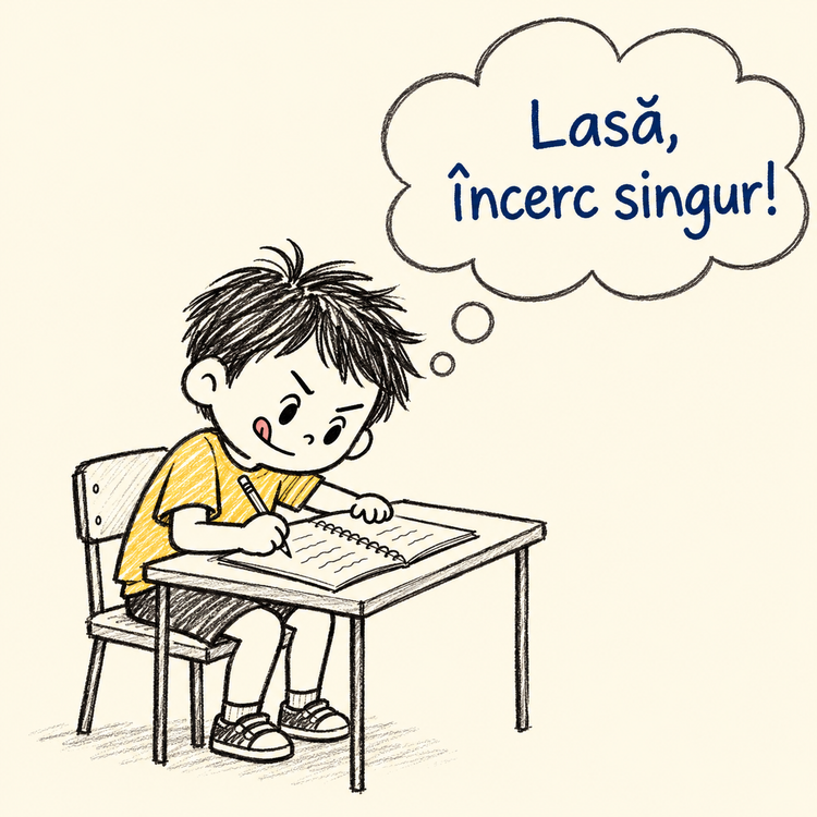 Copil concentrat care scrie în caiet și se gândește: „Lasă, încerc singur!”