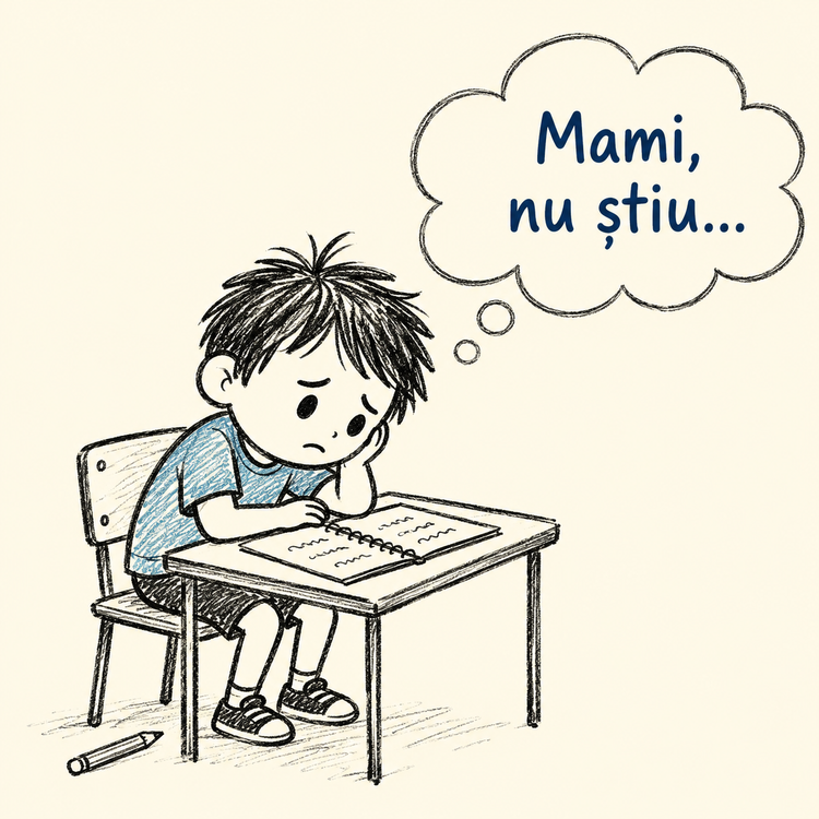 Copil descurajat la masă, care se gândește: „Mami, nu știu…”